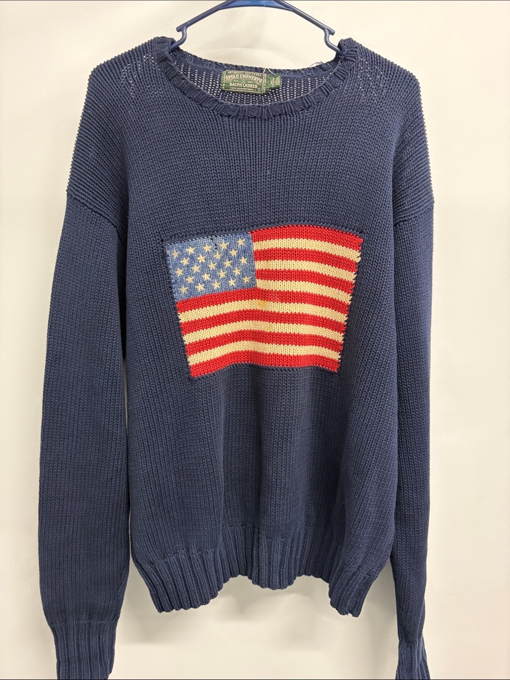 Ralph Lauren Navy Crewneck Sweater with American Flag Knit